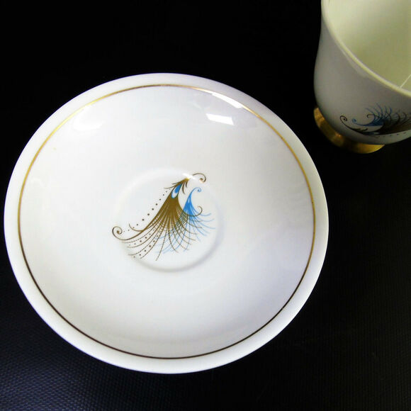 1950's Windsor Caribbean TEA CUP & SAUCER Mid Century Gold Blue Feathers England - Picture 5 of 10